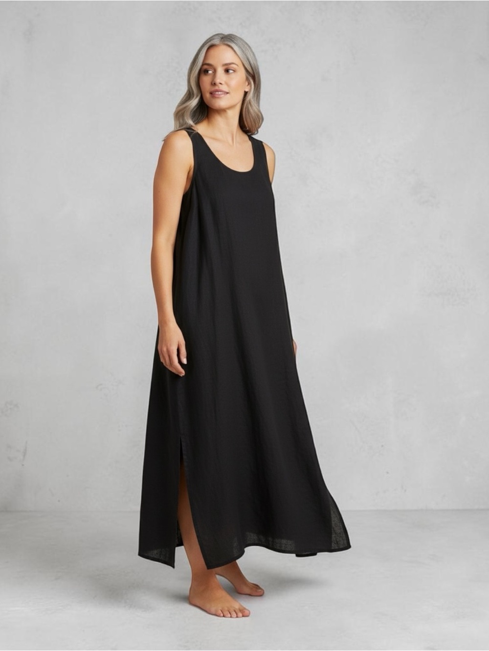 Flax Dress Womens Size L Black Slipster Linen Maxi Flowy Versitle Resort Beach